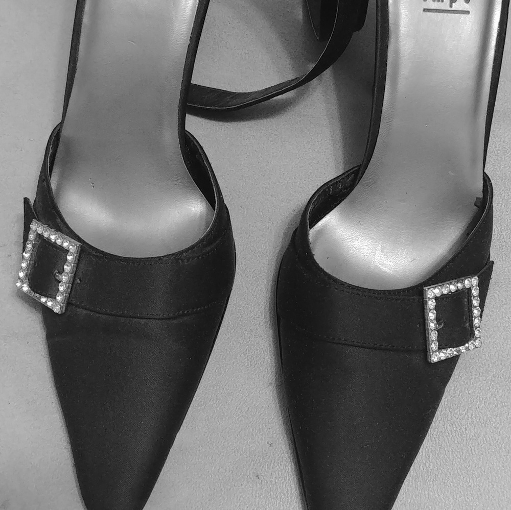 Black silk heels with rhinestones